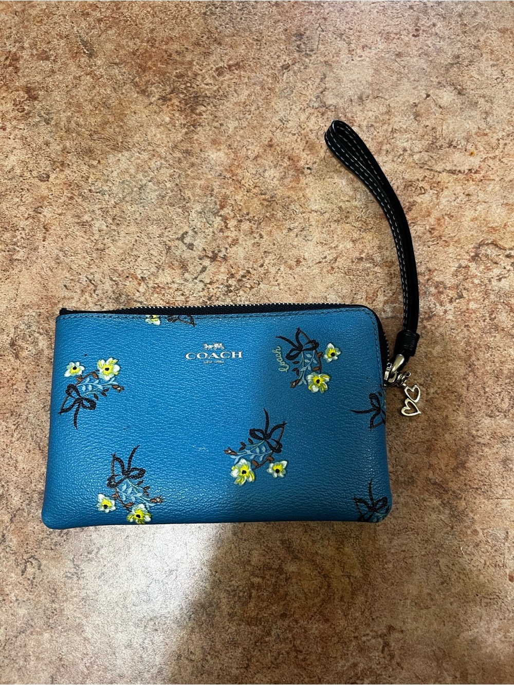 COACH Teal Blue Floral Leather Wristlet with Black Strap